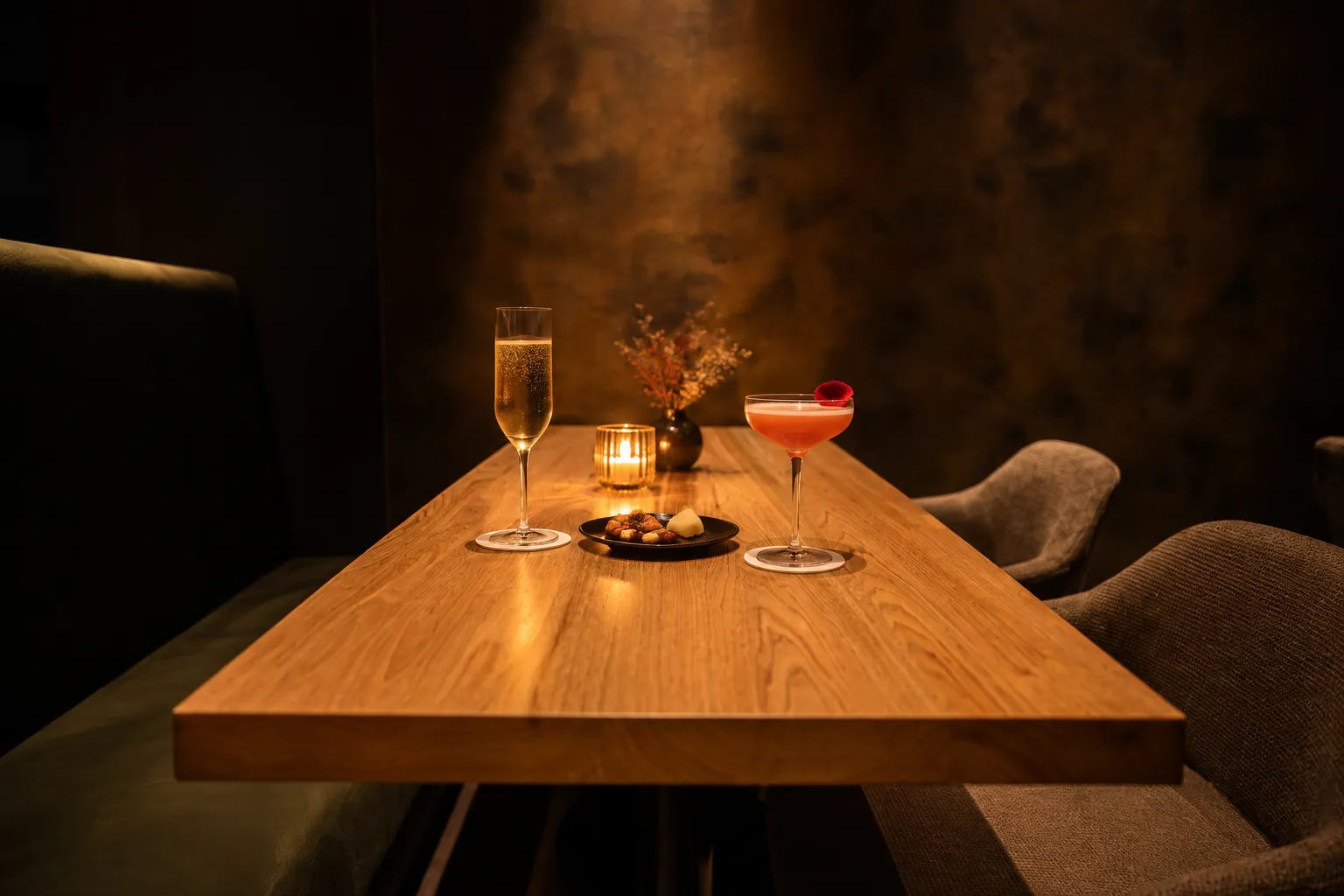 bar POSHのテーブル席に並ぶ2杯のカクテル